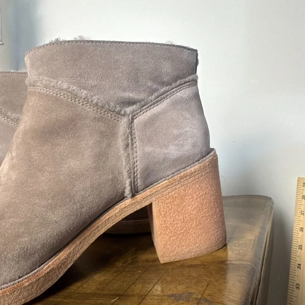 UGG Suede Shearling Ankle Boots Women's 11 Gray Taupe Block Heel Booties